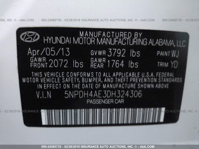 5NPDH4AE3DH324306 - 2013 HYUNDAI ELANTRA WHITE photo 9