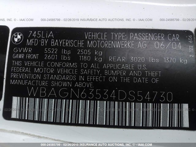 WBAGN63534DS54730 - 2004 BMW 745 LI WHITE photo 9