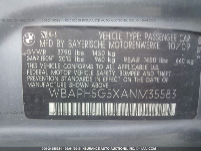 WBAPH5G5XANM35583 - 2010 BMW 328 I SULEV GRAY photo 9