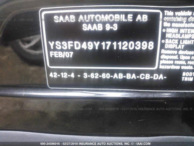 YS3FD49Y171120398 - 2007 SAAB 9-3 2.0T BLACK photo 9