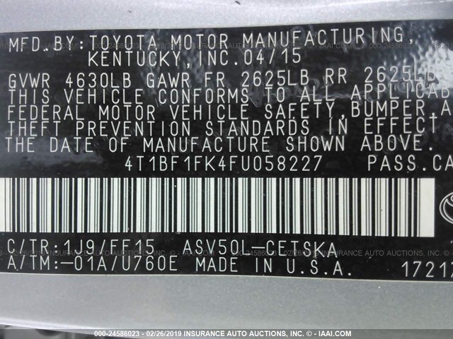 4T1BF1FK4FU058227 - 2015 TOYOTA CAMRY LE/XLE/SE/XSE SILVER photo 9