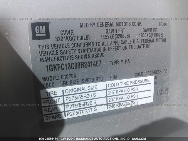 1GKFC13C08R241467 - 2008 GMC YUKON SILVER photo 9