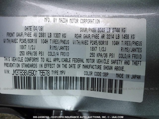 JM3TB38V690176578 - 2009 MAZDA CX-9 SILVER photo 9