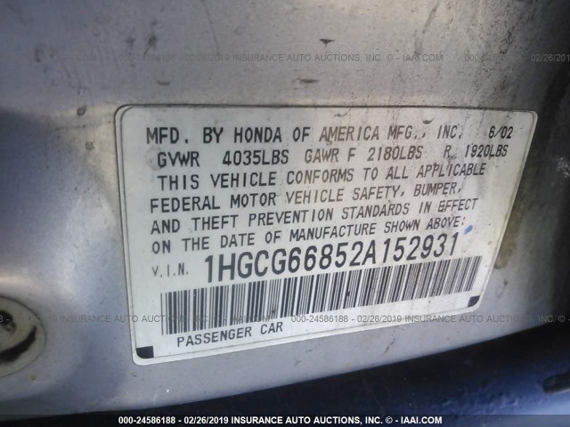 1HGCG66852A152931 - 2002 HONDA ACCORD EX/SE SILVER photo 9