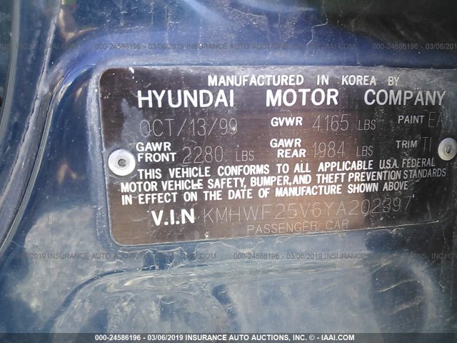 KMHWF25V6YA202397 - 2000 HYUNDAI SONATA GL TURQUOISE photo 9