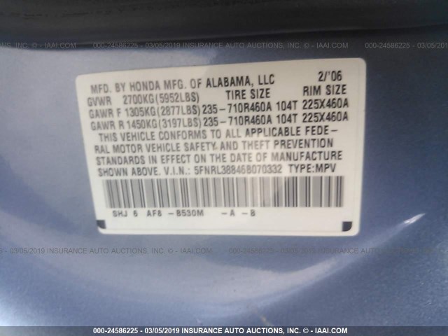 5FNRL38846B070332 - 2006 HONDA ODYSSEY TOURING BLUE photo 9