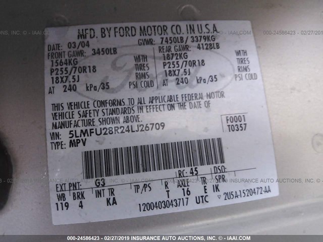 5LMFU28R24LJ26709 - 2004 LINCOLN NAVIGATOR BEIGE photo 9