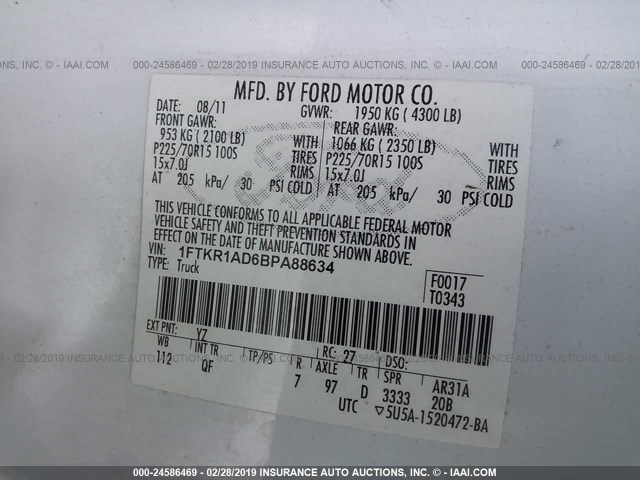 1FTKR1AD6BPA88634 - 2011 FORD RANGER WHITE photo 9