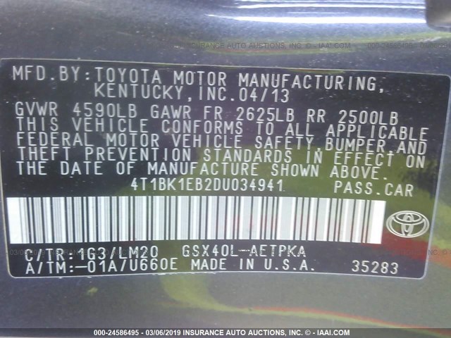 4T1BK1EB2DU034941 - 2013 TOYOTA AVALON PREMIUM/TOURING/LIMITED GRAY photo 9