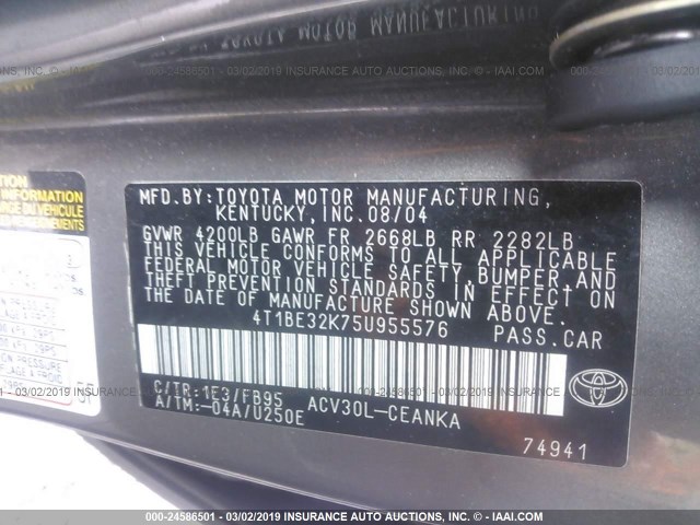 4T1BE32K75U955576 - 2005 TOYOTA CAMRY LE/XLE/SE GRAY photo 9