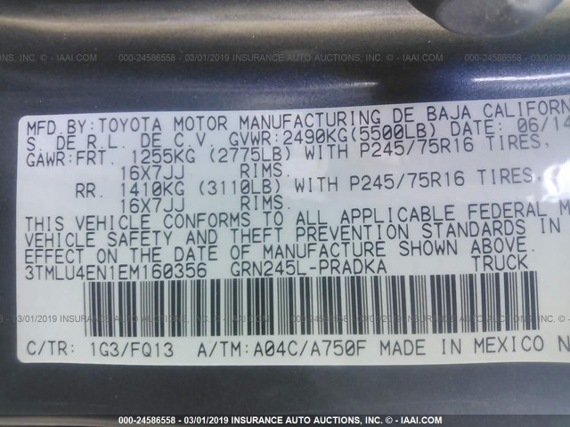 3TMLU4EN1EM160356 - 2014 TOYOTA TACOMA DOUBLE CAB 灰色 照片 9