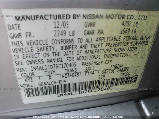 1N4AL11D76C170405 - 2006 NISSAN ALTIMA S/SL SILVER photo 9