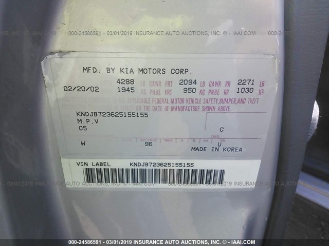 KNDJB723625155155 - 2002 KIA SPORTAGE SILVER photo 9