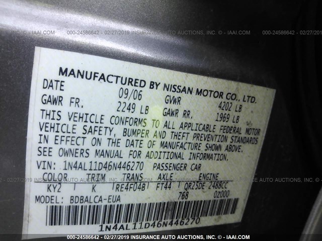 1N4AL11D46N446270 - 2006 NISSAN ALTIMA S/SL GOLD photo 9