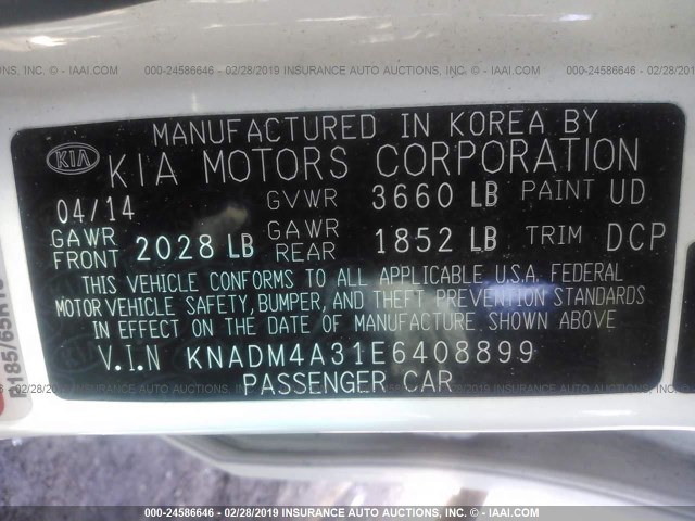 KNADM4A31E6408899 - 2014 KIA RIO LX WHITE photo 9