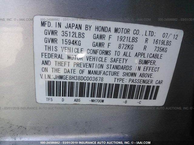 JHMGE8H38DC003678 - 2013 HONDA FIT SILVER photo 9