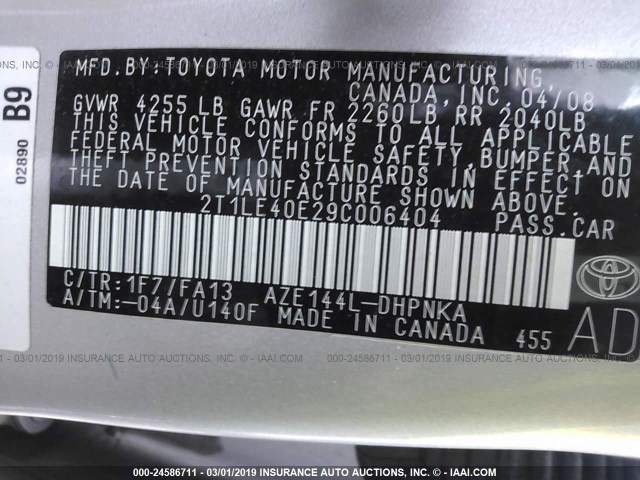 2T1LE40E29C006404 - 2009 TOYOTA COROLLA MATRIX S SILVER photo 9