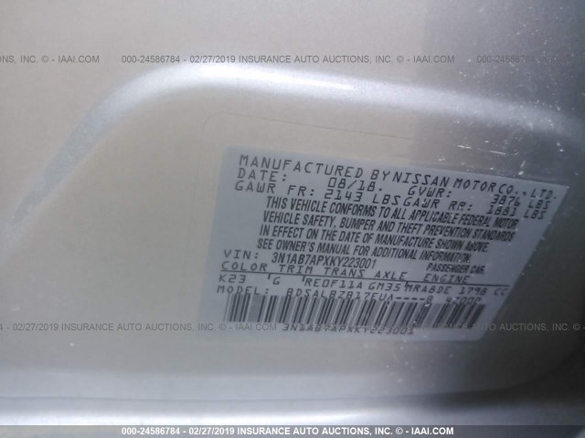 3N1AB7APXKY223001 - 2019 NISSAN SENTRA SILVER photo 9