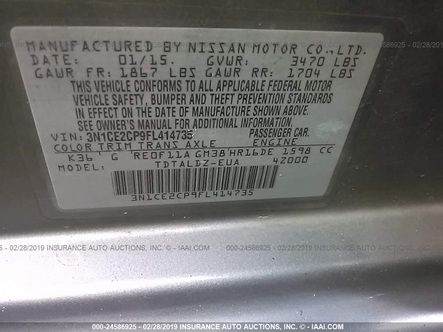 3N1CE2CP9FL414735 - 2015 NISSAN VERSA NOTE S/S PLUS/SV/SL/SR GRAY photo 9