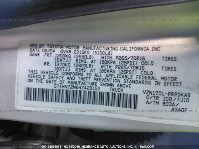 5TEHN72N84Z428152 - 2004 TOYOTA TACOMA DOUBLE CAB 银色 照片 9
