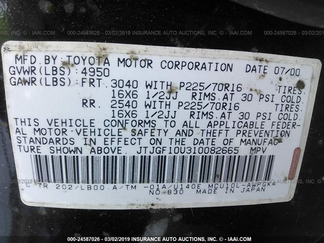 JTJGF10U310082665 - 2001 LEXUS RX 300 BLACK photo 9