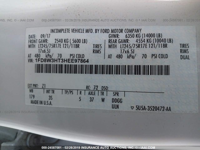 1FD8W3HT3HEE97864 - 2017 FORD F350 WHITE photo 9