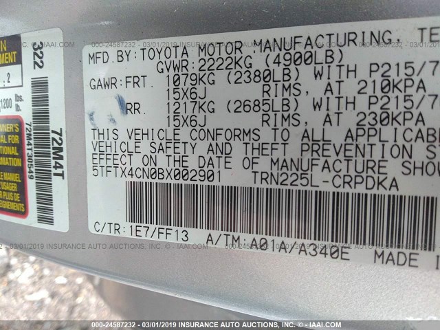 5TFTX4CN0BX002901 - 2011 TOYOTA TACOMA ACCESS CAB ვერცხლისფერი ფოტო 9