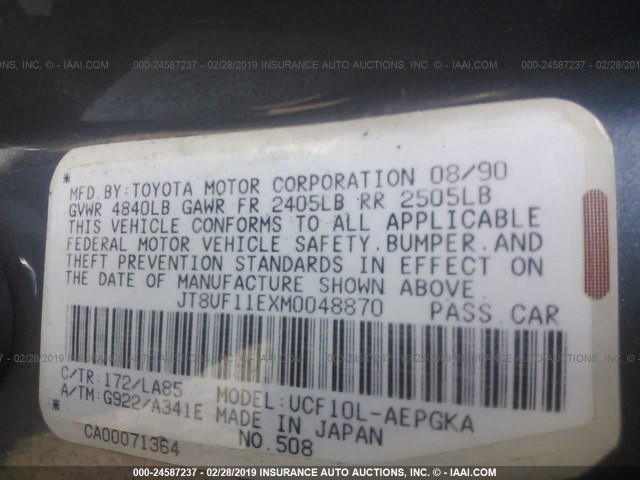 JT8UF11EXM0048870 - 1991 LEXUS LS 400 GRAY photo 9