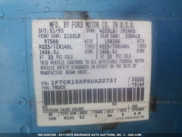 1FTCR10A9SUA22737 - 1995 FORD RANGER BLUE photo 9