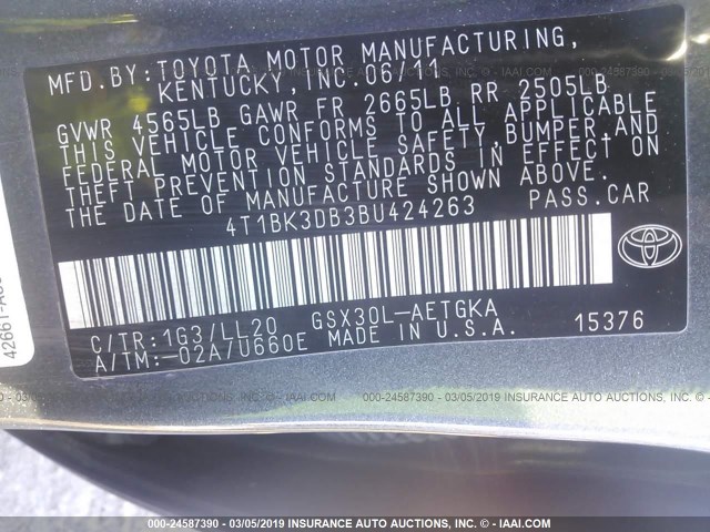 4T1BK3DB3BU424263 - 2011 TOYOTA AVALON LIMITED GRAY photo 9