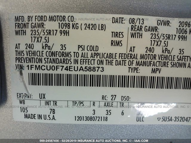 1FMCU0F74EUA58873 - 2014 FORD ESCAPE S SILVER photo 9