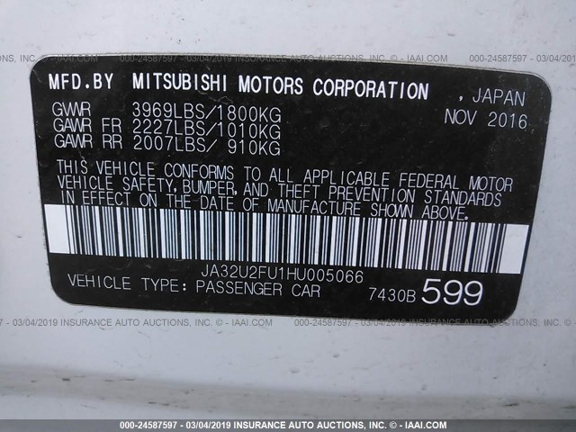 JA32U2FU1HU005066 - 2017 MITSUBISHI LANCER ES WHITE photo 9