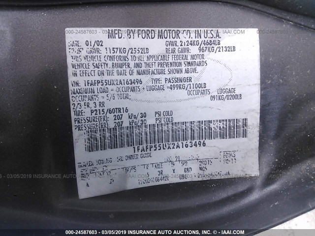 1FAFP55UX2A163496 - 2002 FORD TAURUS SES GRAY photo 9