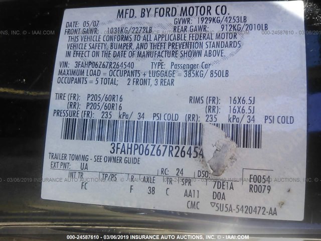 3FAHP06Z67R264540 - 2007 FORD FUSION S BLACK photo 9