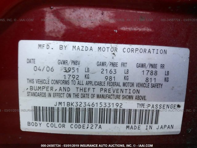 JM1BK323461533192 - 2006 MAZDA 3 S RED photo 9