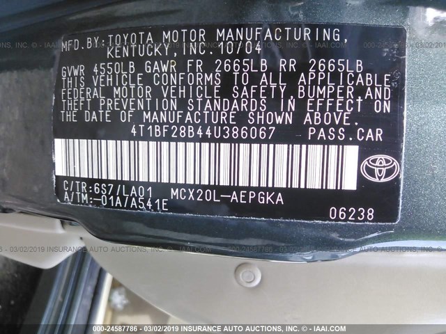 4T1BF28B44U386067 - 2004 TOYOTA AVALON XL/XLS GREEN photo 9