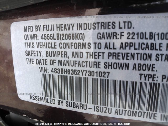 4S3BH6352Y7301027 - 2000 SUBARU LEGACY L MAROON photo 9