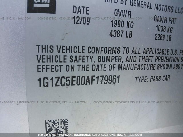 1G1ZC5E00AF179961 - 2010 CHEVROLET MALIBU 1LT 银色 照片 9