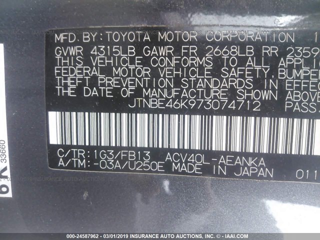 JTNBE46K973074712 - 2007 TOYOTA CAMRY NEW GENERAT CE/LE/XLE/SE GRAY photo 9