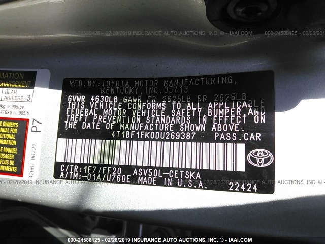 4T1BF1FK0DU269387 - 2013 TOYOTA CAMRY L/SE/LE/XLE 银色 照片 9