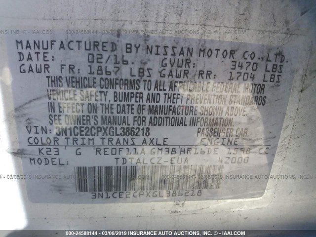 3N1CE2CPXGL386218 - 2016 NISSAN VERSA NOTE S/S PLUS/SV/SL/SR SILVER photo 9