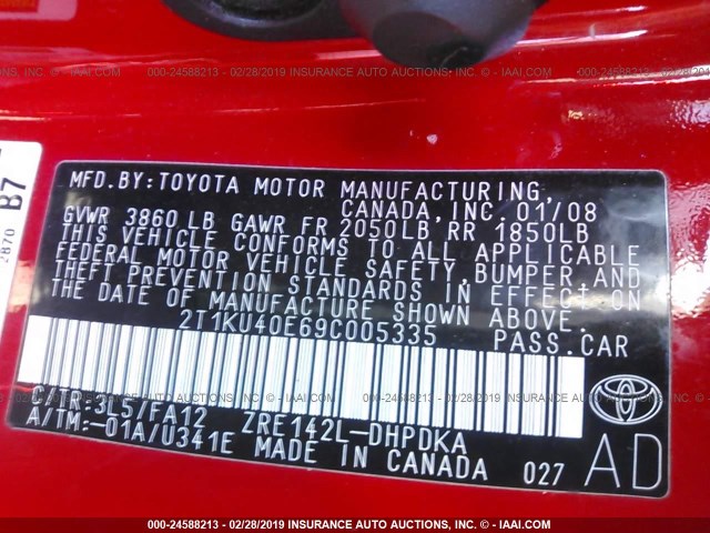 2T1KU40E69C005335 - 2009 TOYOTA COROLLA MATRIX  RED photo 9