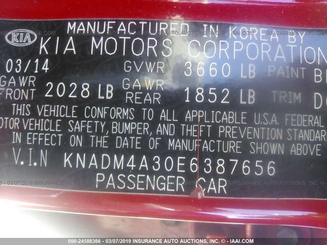 KNADM4A30E6387656 - 2014 KIA RIO LX RED photo 9