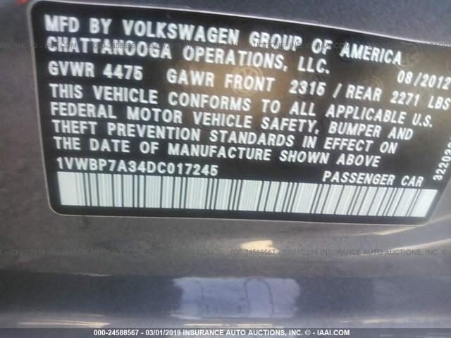 1VWBP7A34DC017245 - 2013 VOLKSWAGEN PASSAT SE GRAY photo 9