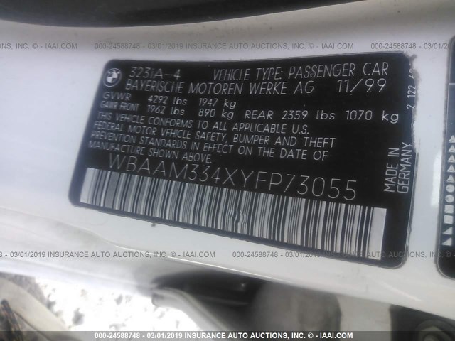WBAAM334XYFP73055 - 2000 BMW 323 I თეთრი ფოტო 9