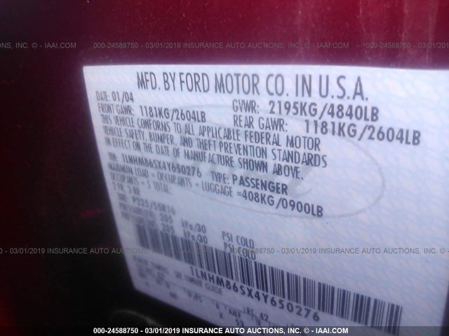 1LNHM86SX4Y650276 - 2004 LINCOLN LS BURGUNDY photo 9