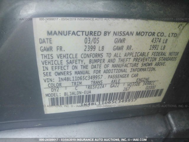 1N4BL11D65C349957 - 2005 NISSAN ALTIMA SE/SL/SE-R GREEN photo 9