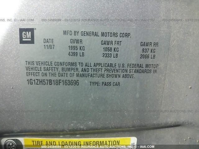 1G1ZH57B18F163696 - 2008 CHEVROLET MALIBU 1LT ვერცხლისფერი ფოტო 9