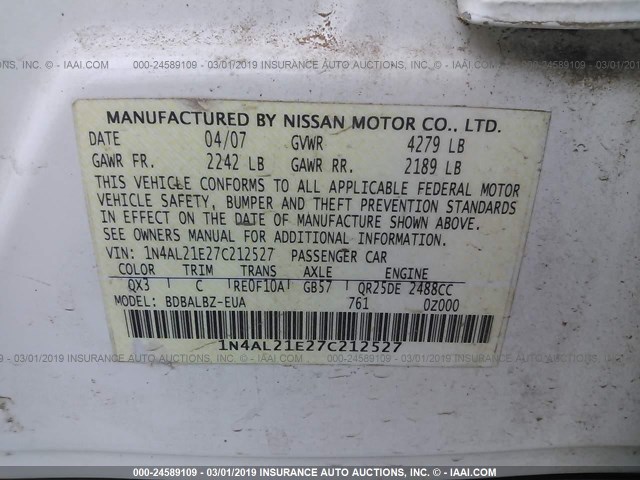 1N4AL21E27C212527 - 2007 NISSAN ALTIMA 2.5/2.5S WHITE photo 9