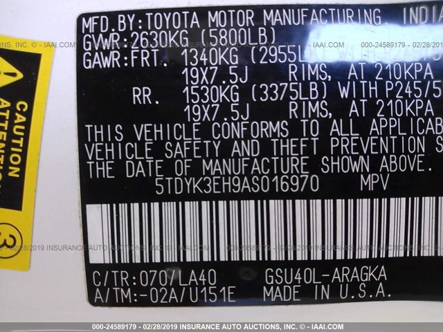 5TDYK3EH9AS016970 - 2010 TOYOTA HIGHLANDER LIMITED WHITE photo 9